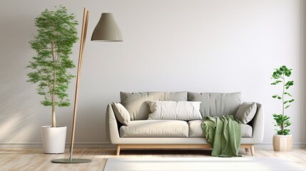 bright living room with gray sofa, wooden floor lamp and green vase.