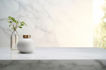Beautiful empty space of a table or countertop with decorative elements of a bottle with a plant and a container with space for a product or text.generative ai
