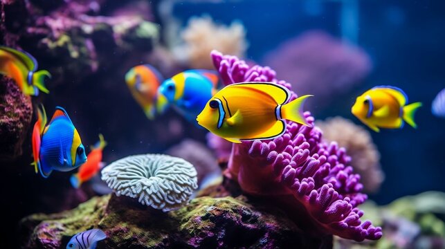 Close-up of colorful fish in a reef tank.cool wallpaper	