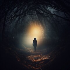 man in the dark forest. High quality illustration
