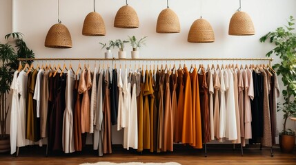Rows of stylish clothing racks in boutique
