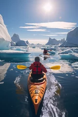 Foto op Canvas lonely journey to island of ice winter kayaking in antarctica. sports, cold and glaciers in the ocean © Svetlana