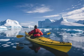 Gordijnen lonely journey to island of ice winter kayaking in antarctica. sports, cold and glaciers in the ocean © Svetlana