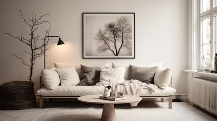 a Scandinavian style living room with a modern poster frame.