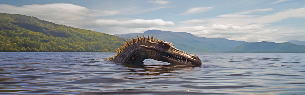 Loch Ness Monster Nessie in lake. AI generated.