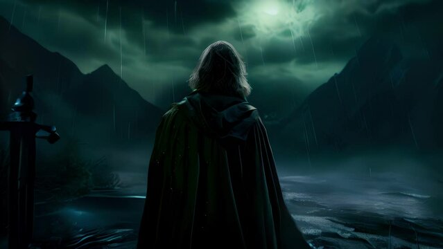 His green shoulder length hair is wild and unkempt and his pale skin shimmers in the night as if illuminated by a hidden power. His black cloak flutters in the wind and as