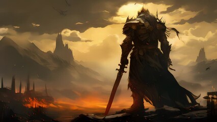 Towering and foreboding the subject of this ilration is a formidable figure. His back in encased in golden armor an axe slung across one shoulder and a battle hammer hanging