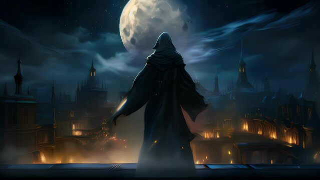 A tall figure stands against the night sky their dark clothing contrasting starkly against the pale glow of the stars. The hood of their deep indigo robe is pulled up over