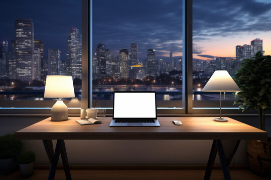 A laptop with a blank white screen with space for a logo or text on a beautiful desk in the evening with a view of the illuminated city.generative ai
