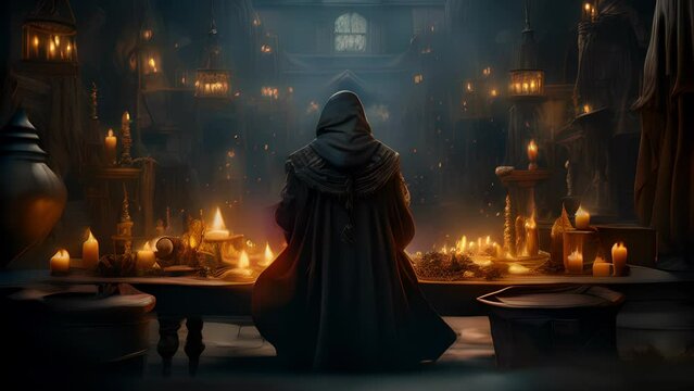 Deep in concentration a craftsman stands hunched in thought. Hunched protectively over their craftwork the back view of the figure reveals a silk hood dd loosely on their