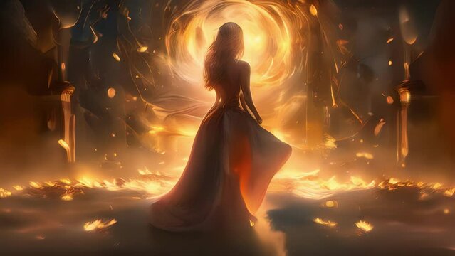 An ethereal figure stands in front of a fire illuminated by its radiant light. The craftspersons back reveals a long flowing robe edged with intricate twining details. The