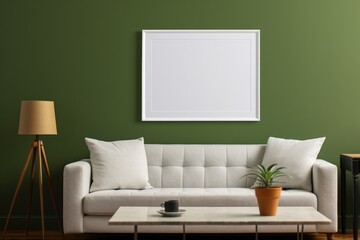 Empty white blank frame mockup in modern furnished living room