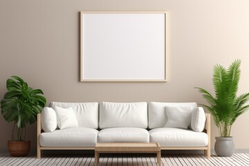 Empty white blank frame mockup in modern furnished living room