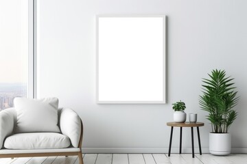 Empty white blank frame mockup in modern furnished living room