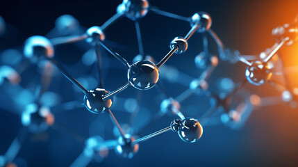 Blue background with 3D model of molecules or atoms.generative ai
 - obrazy, fototapety, plakaty