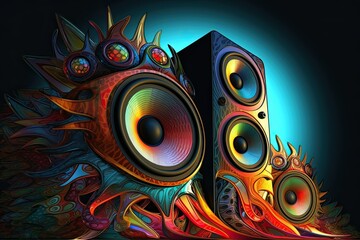 A large stack of colourful surreal music audio speakers. Generative ai
