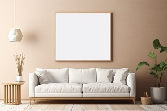 Empty white blank frame mockup in modern furnished living room © Tixel