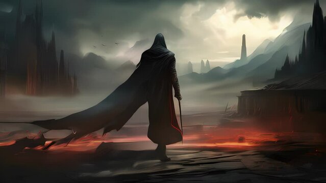 A devastating figure stood cloaked in ominous black armor with a menacing greatsword resting upon one shoulder and a long cape billowing behind him. The back of the cape