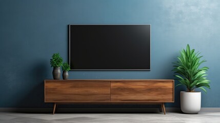 A modern TV hangs on a dark blue wall with a wooden cabinet in a living room. It represents interior architecture and entertainment.