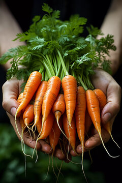 Amid a vibrant garden, the image captures a scene of nature's bounty. The background's clean simplicity accentuates the focal point: a pair of weathered farmer's hands cradling a bunch of carrots.
