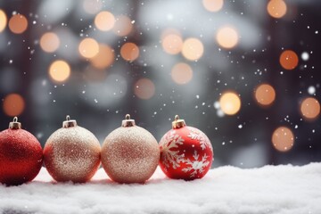 Christmas balls on a winter background. Merry christmas and happy new year concept