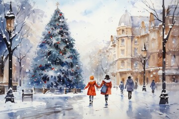 Winter in the city in postcard style, watercolor illustration. Merry christmas and happy new year concept. Background