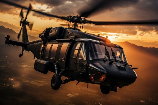 Combat military helicopter. Powerful heavy equipment of landing troops or special forces. Background