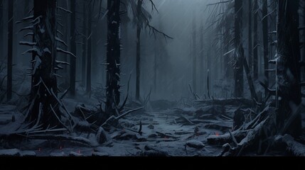 Gloomy snowy forest. High quality illustration