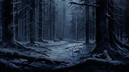 Gloomy snowy forest. High quality illustration