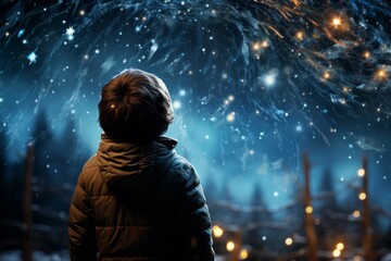 Child on magical fairytale background, with selective focus and copy space