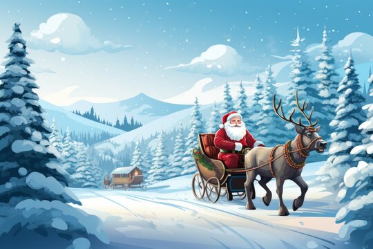 Fairy deer in Santa Claus harness in postcard illustration style. Merry christmas and happy new year concept