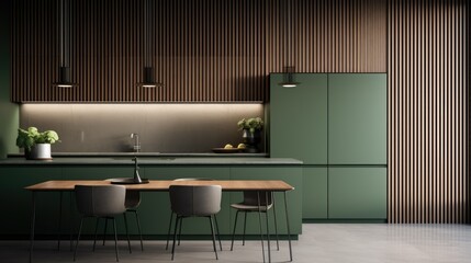 a minimalist interior design with a green kitchen and wood slat wall. - obrazy, fototapety, plakaty