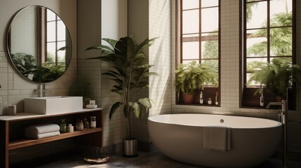 Fototapeta na wymiar a hotel bathroom corner featuring tiled walls, a round mirror, a white bath, and a large window.