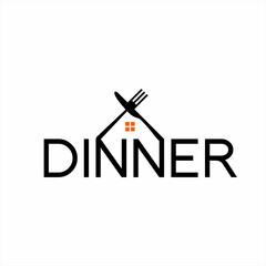 Dinner word illustration design with Fork and knife forming a roof on the letter N. Dinner at home.