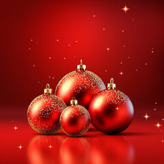 Christmas red background with realistic 3d, Christmas balls, ornaments, red gold white hanging balls beautiful ornaments, illustration.