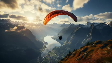 Tuinposter Paraglider soaring above rugged mountain landscapes. cool wallpaper  © Halim Karya Art