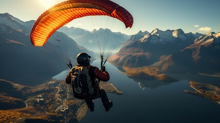Paraglider soaring above rugged mountain landscapes
