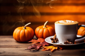 Beautiful autumn background with a cup of coffee, pumpkins and golden leaves on a wooden table with space for your product, text or inscriptions.generative ai
