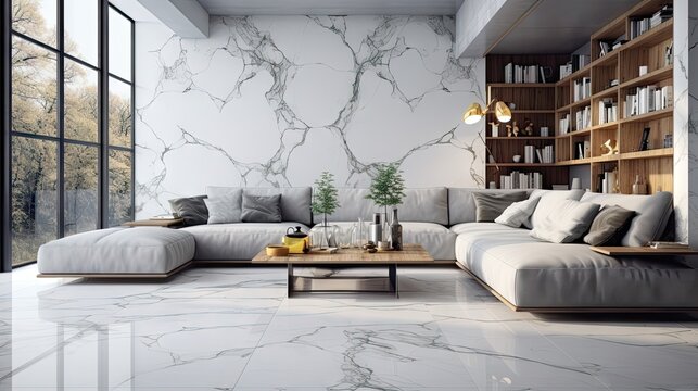 Carrara marble used for interior decoration with abstract ceramic tiles and floor surface.