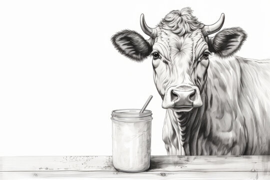 Vector illustration graphics of a cow with a glass or container of milk on a table on a white background with a place for a logo, text or inscription.generative ai
