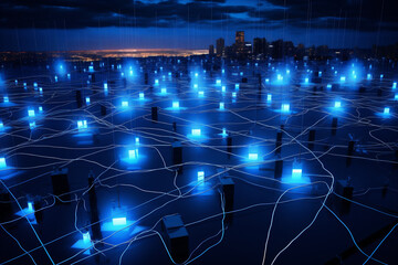 Obraz premium Neon Blue Wires Connected to Tiny Lamps Representing a Complex Electrical Grid, Power Grid, Electricity Grid, Generative AI