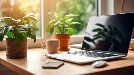 Fototapeta premium A Cozy Home Office Desk With a Sleek Modern Laptop and a Cup of Coffee, Decorated With Potted Plants, Generative AI