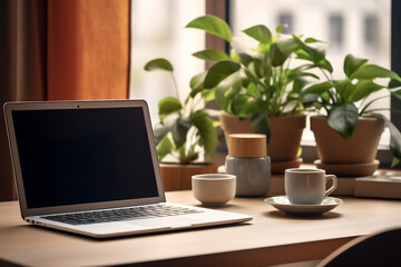 A Cozy Home Office Desk With a Sleek Modern Laptop and a Cup of Coffee, Decorated With Potted Plants, Generative AI