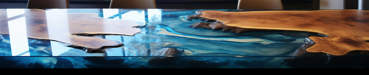 Custom Made Epoxy River Table, Custom Wood Table with Blue Epoxy in the Shape of a Body of Water, Generative AI