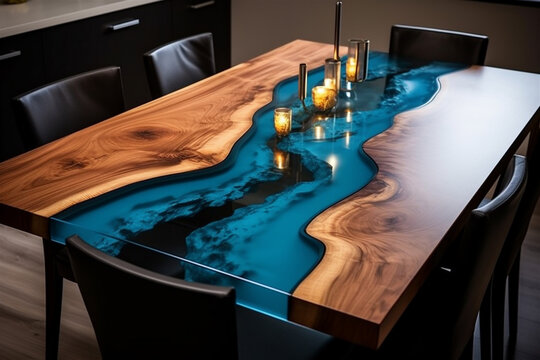 Custom Made Epoxy River Table, Custom Wood Table with Blue Epoxy in the Shape of a Body of Water, Generative AI
