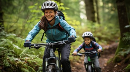 Grinning mother and girl riding mountain bicycles together along a path in a dim timberland