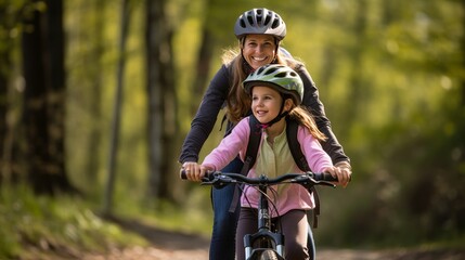 Grinning mother and girl riding mountain bicycles together along a path in a dim timberland