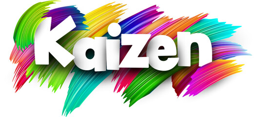 Kaizen paper word sign with colorful spectrum paint brush strokes over white. Vector illustration.