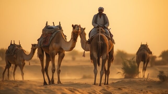 Indian cameleers camel driver bedouin with camel outlines in sand hills of Thar leave on dusk Caravan in Rajasthan travel tourism foundation safari enterprise Jaisalmer Rajasthan India
