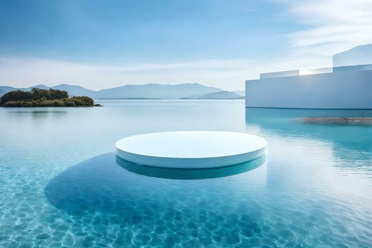 An empty white product podium rests delicately on the surface of crystal-clear water, creating a surreal and captivating scene